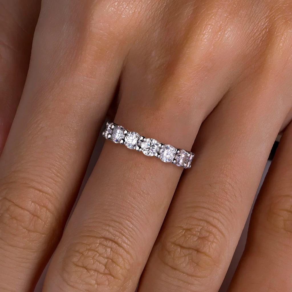 The Loop Band lifestyle — 4.5mm moissanite eternity band worn on finger — Aurora Moissanite