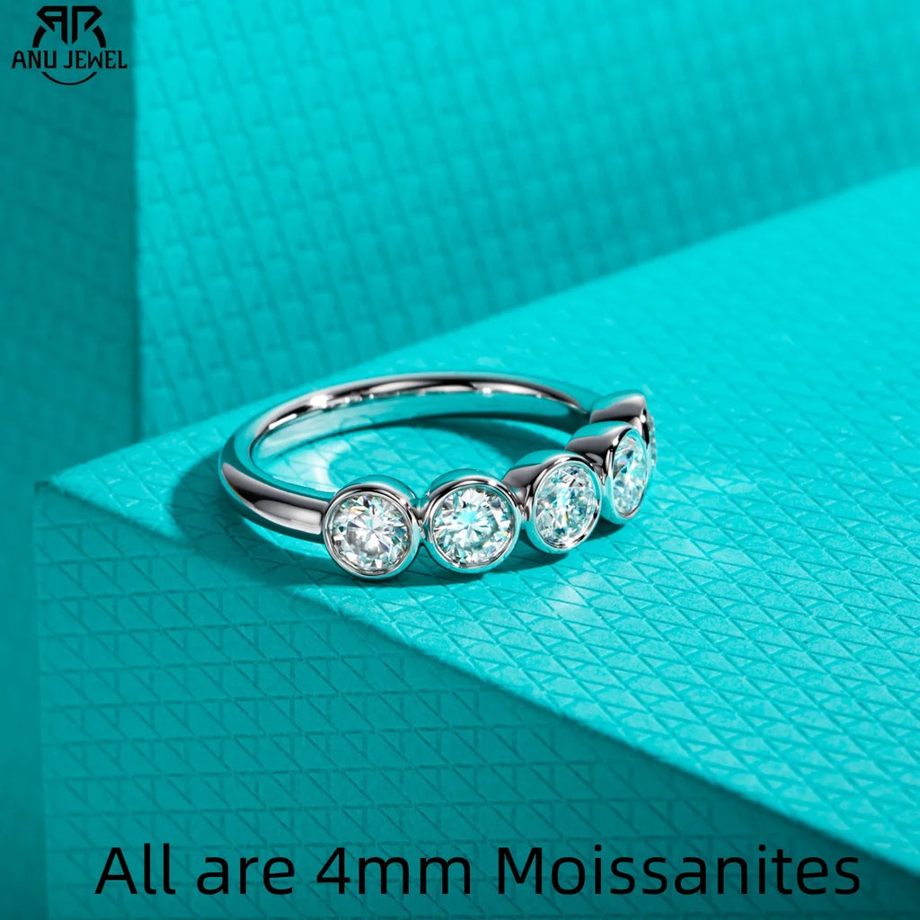 4mm moissanite half eternity bezel band, S925 sterling silver, white background — Aurora Moissanite