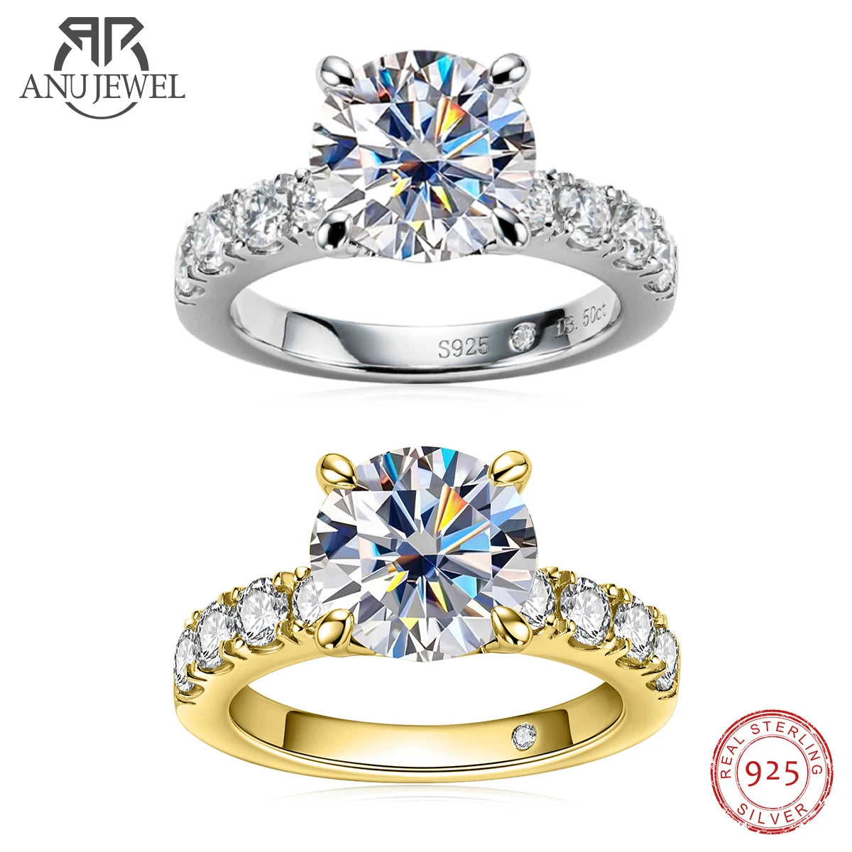 4.3cttw moissanite ring, yellow or white gold option, S925 — Aurora Moissanite