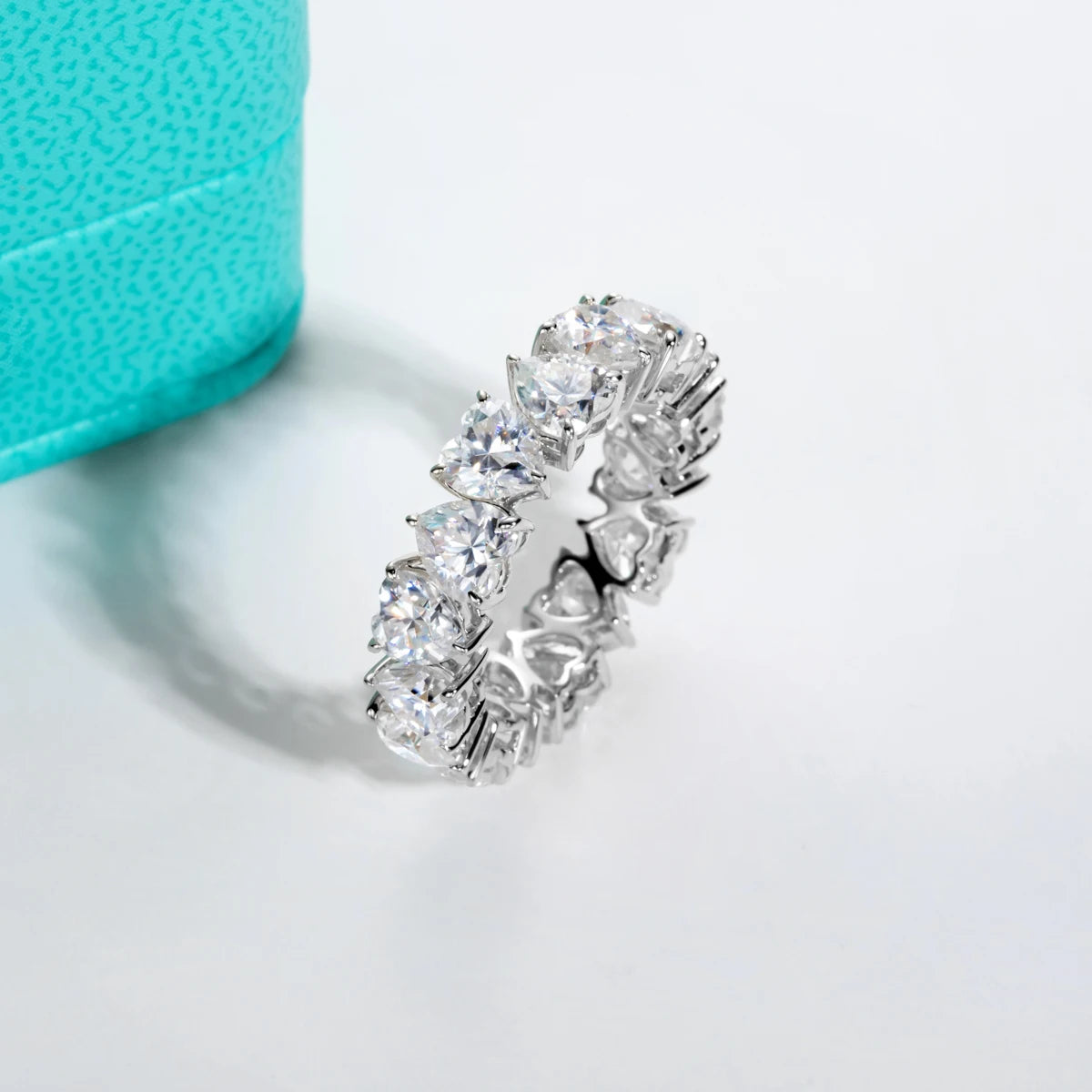 The Bloom Band — 5mm heart moissanite eternity ring, front view — Aurora Moissanite