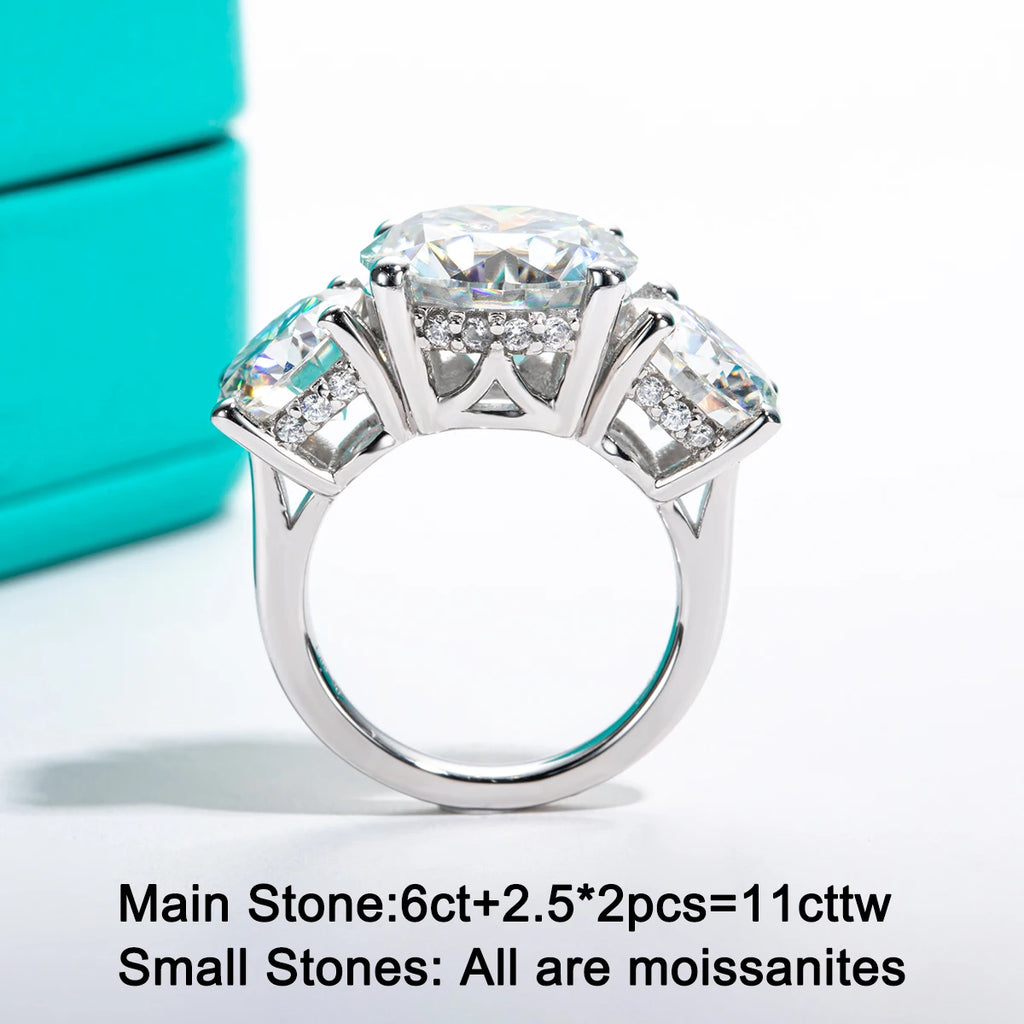 The Voss Ring — 11cttw three-stone moissanite, front view — Aurora Moissanite