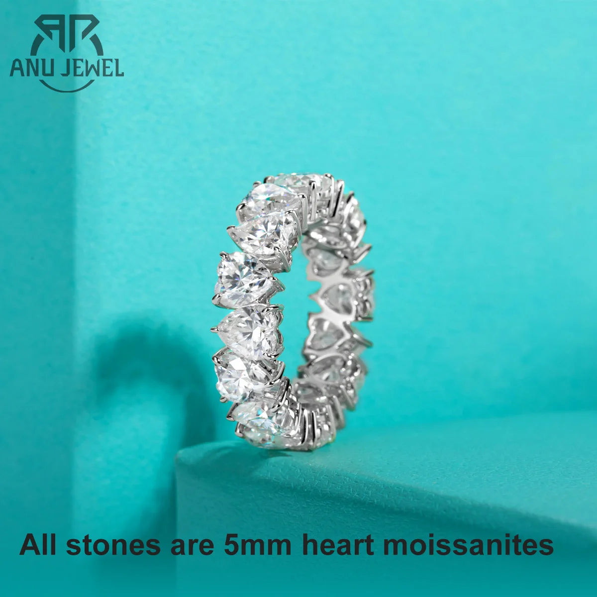 5mm heart cut moissanite eternity band, 18K white gold plated S925 silver — Aurora Moissanite
