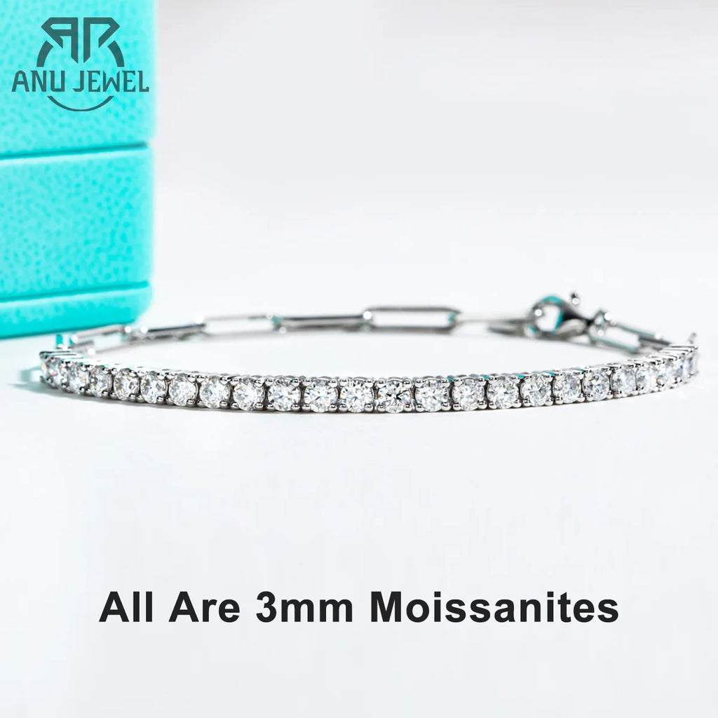 AnuJewel 3mm Moissanite Tennis Bracelet On Hand 925 Sterling Silver Lab Created Diamond 16+4cm Adjustable Bracelets For Woman