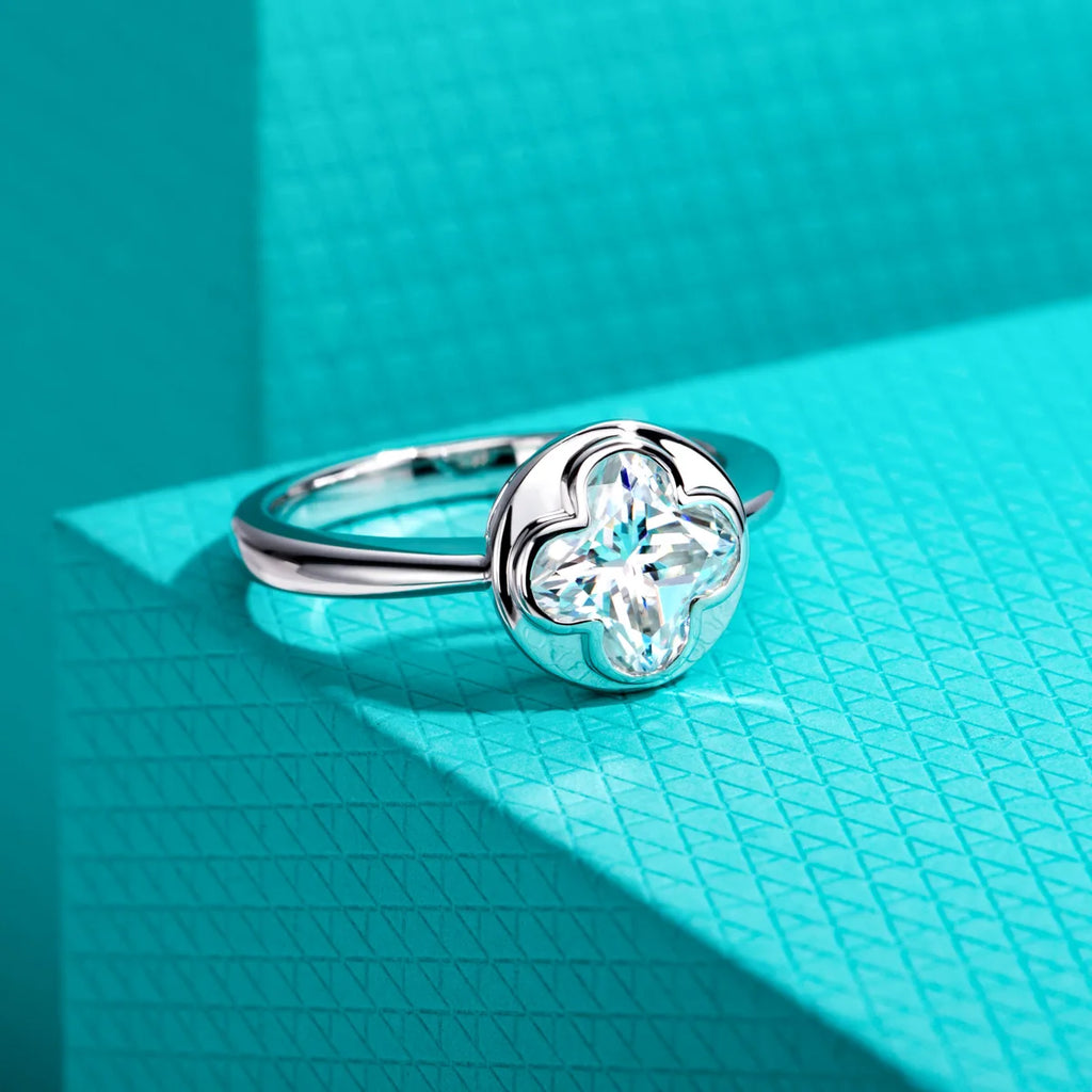 The Elia Ring — 2ct four-leaf clover moissanite bezel, front view — Aurora Moissanite