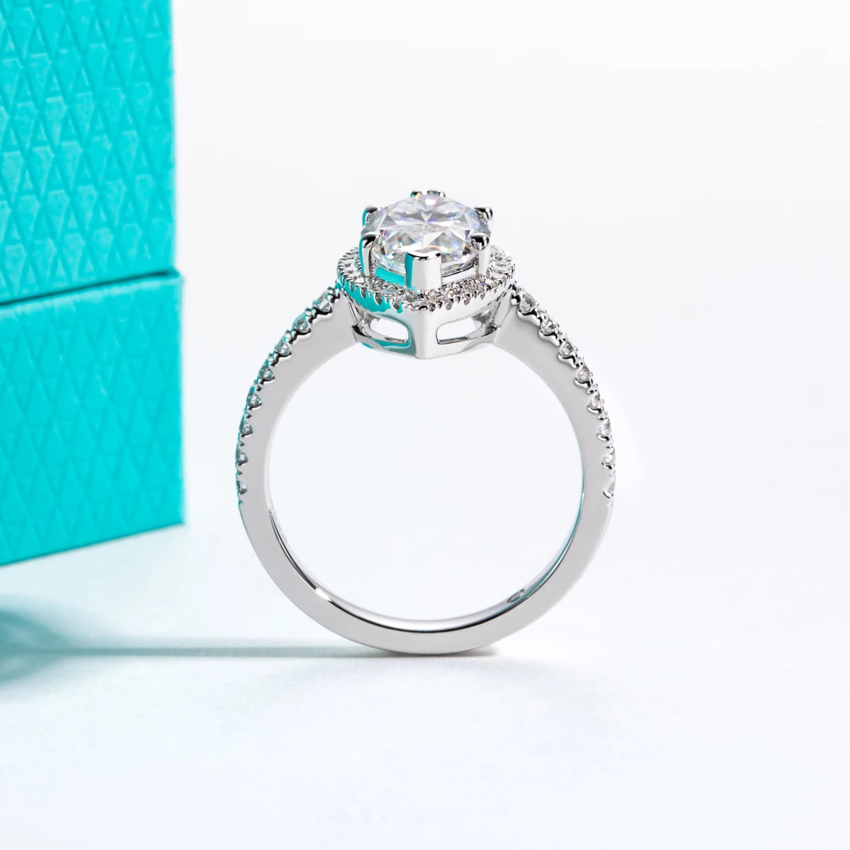 3ct marquise moissanite halo ring, side profile, S925 — Aurora Moissanite
