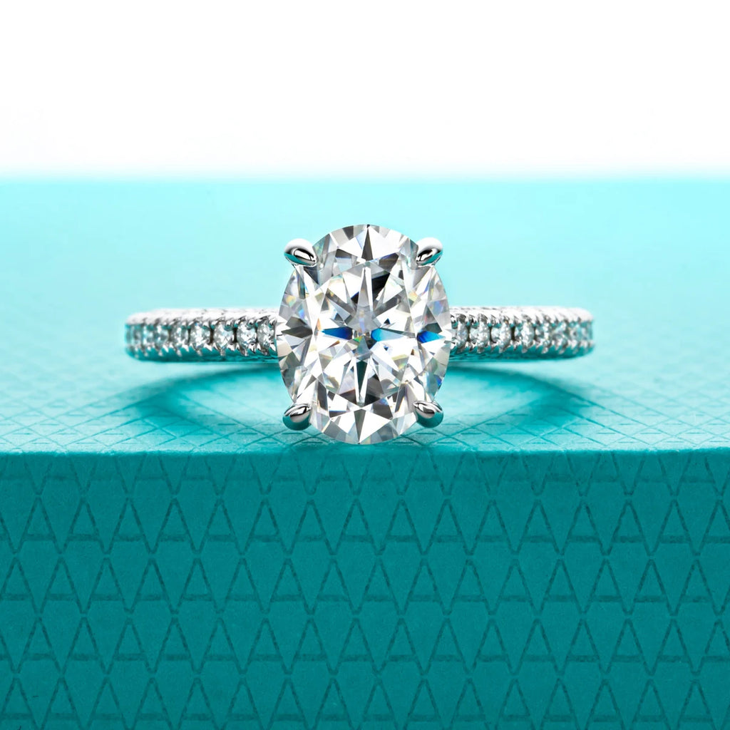The Sael Ring — 3ct oval moissanite classic solitaire, front view — Aurora Moissanite