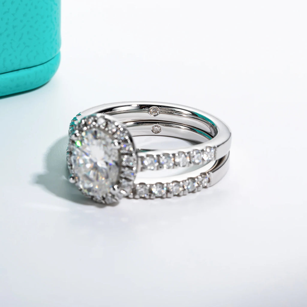 2ct oval moissanite bridal set, side profile, S925 sterling silver — Aurora Moissanite