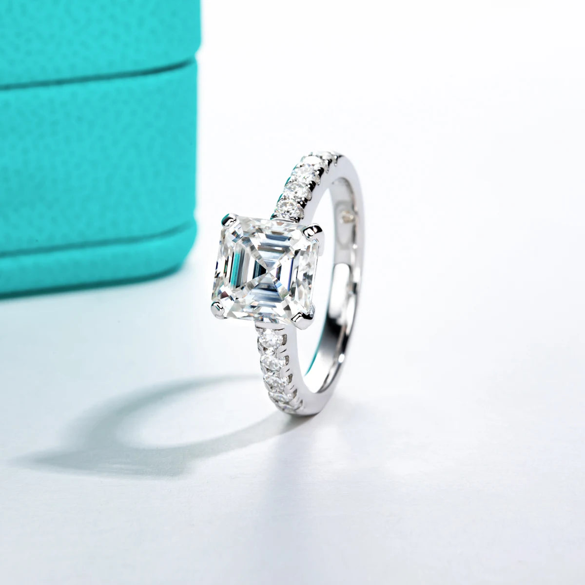 Asscher cut moissanite 3ct D color VVS1, octagonal step-cut detail — Aurora Moissanite