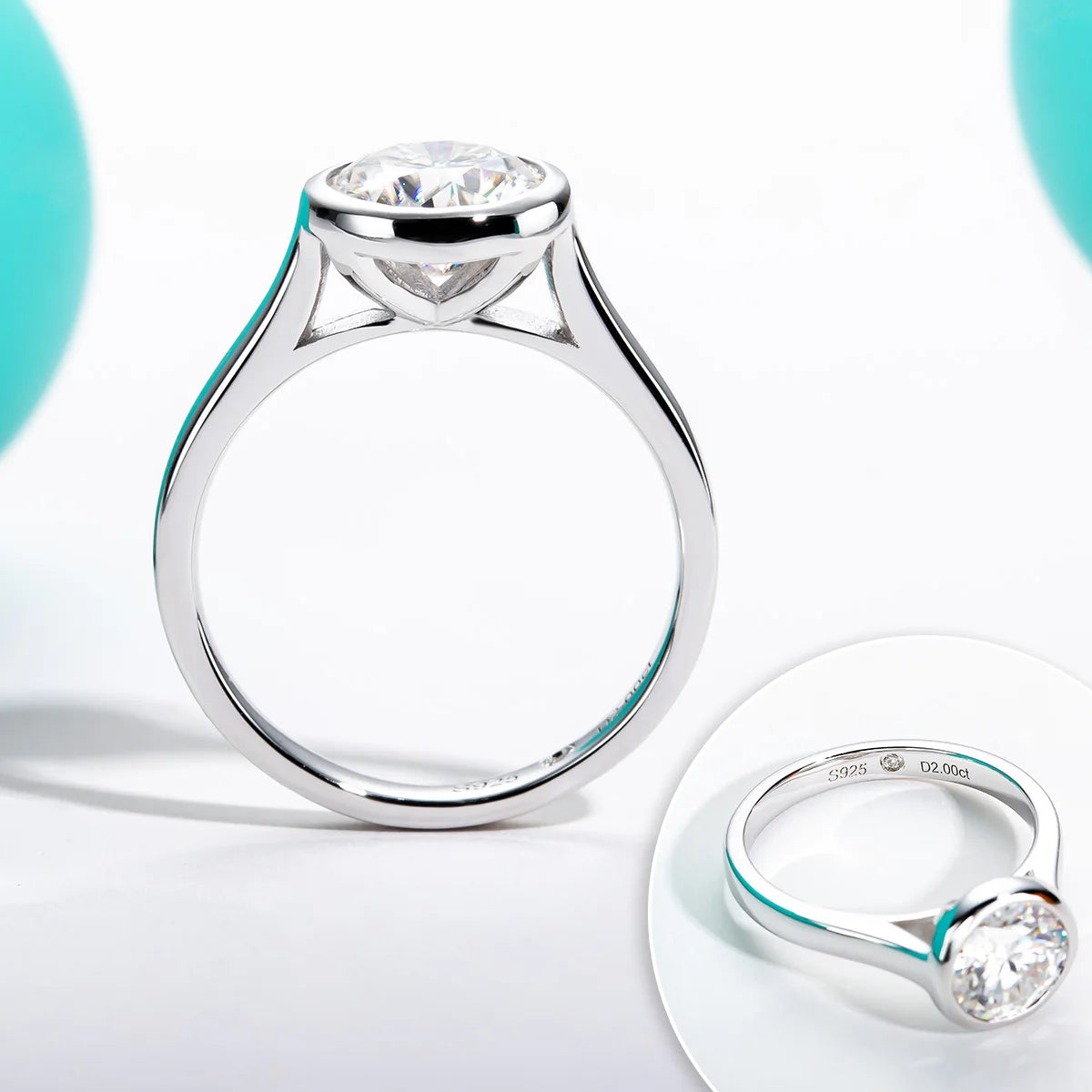 Round moissanite bezel ring, side profile, S925 sterling silver — Aurora Moissanite