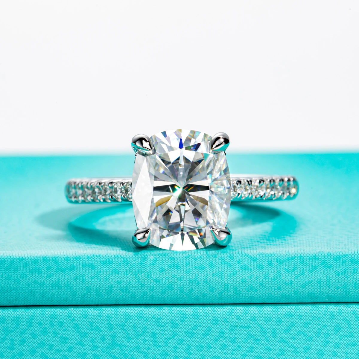 5ct cushion moissanite solitaire ring, side profile, S925 sterling silver — Aurora Moissanite