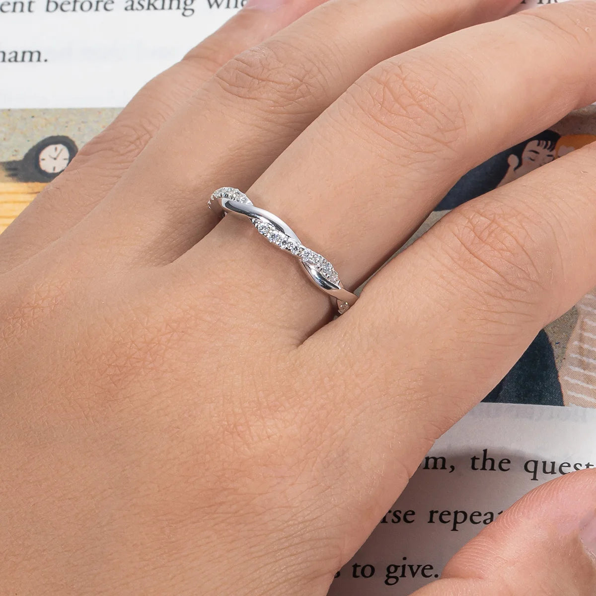 The Bond Band worn stacked — 1.3mm moissanite eternity band, S925 silver — Aurora Moissanite