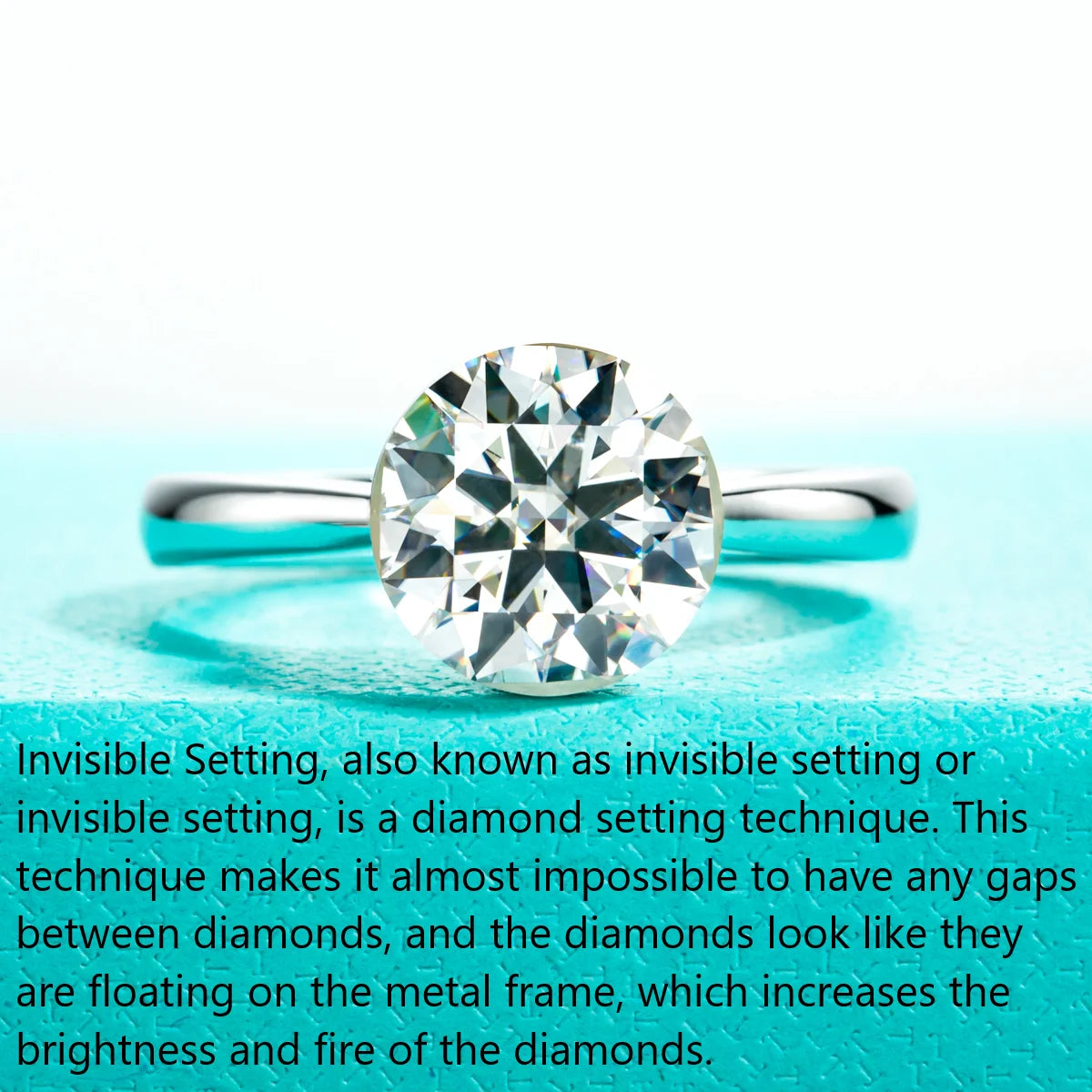 The Reign Ring — round moissanite invisible setting, front view, 18K gold — Aurora Moissanite