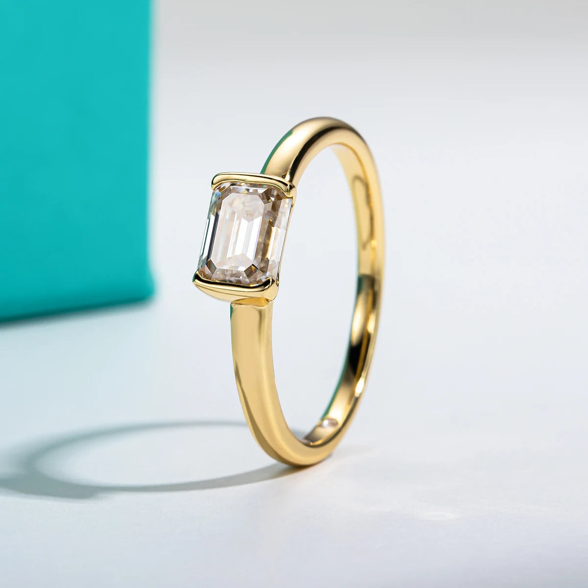 The Gill Ring — 1ct emerald moissanite, front view, 14K yellow gold — Aurora Moissanite