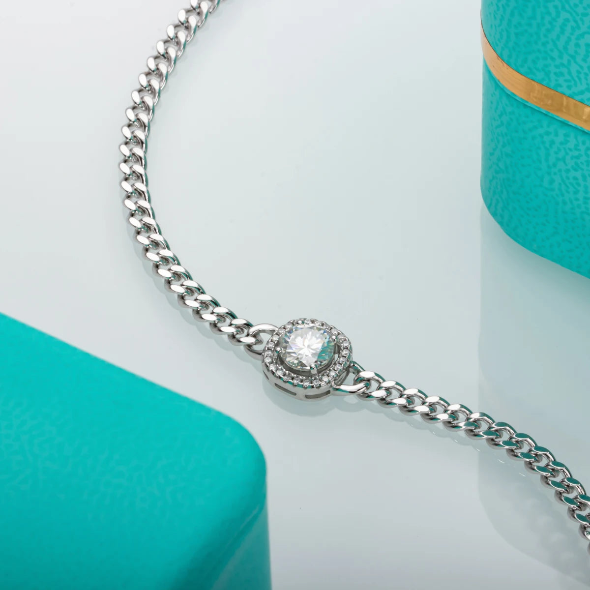 The Link Bracelet — moissanite Cuban bracelet front view, 18K white gold plated — Aurora Moissanite
