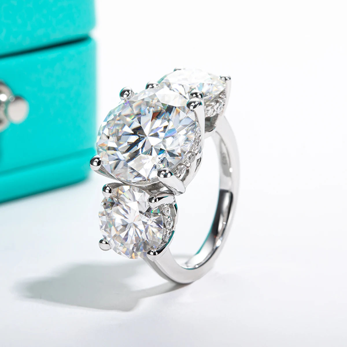 The Voss Ring worn — 11cttw three-stone moissanite, S925 — Aurora Moissanite