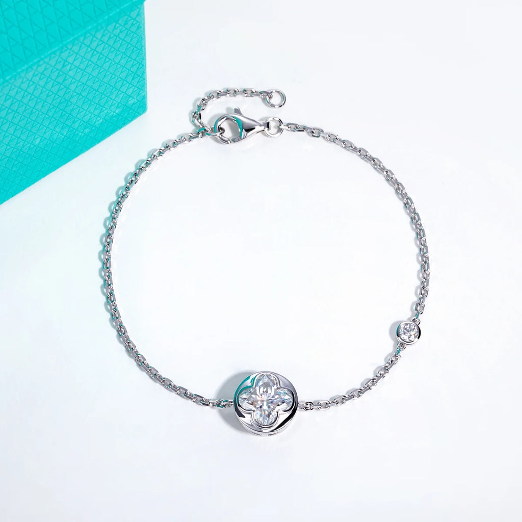 AnuJewel 2ct (7x7mm) Four-Leaf Clover Cut Moissanite Bezel Bracelet 925 Sterling Silver 16+2cm Bracelets for Women Jewelry Gift