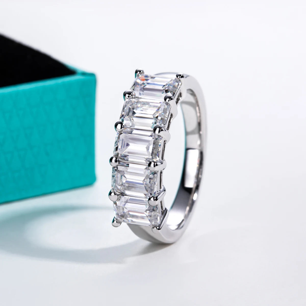 The Ember Band worn — 3cttw emerald cut moissanite wedding band, S925 — Aurora Moissanite