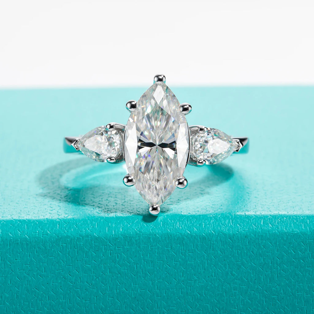 The Dael Ring worn — 4cttw marquise moissanite, 18K white gold — Aurora Moissanite