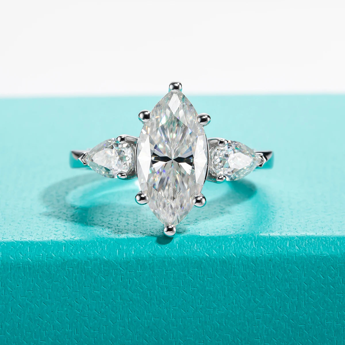The Dael Ring worn — 4cttw marquise moissanite, 18K white gold — Aurora Moissanite