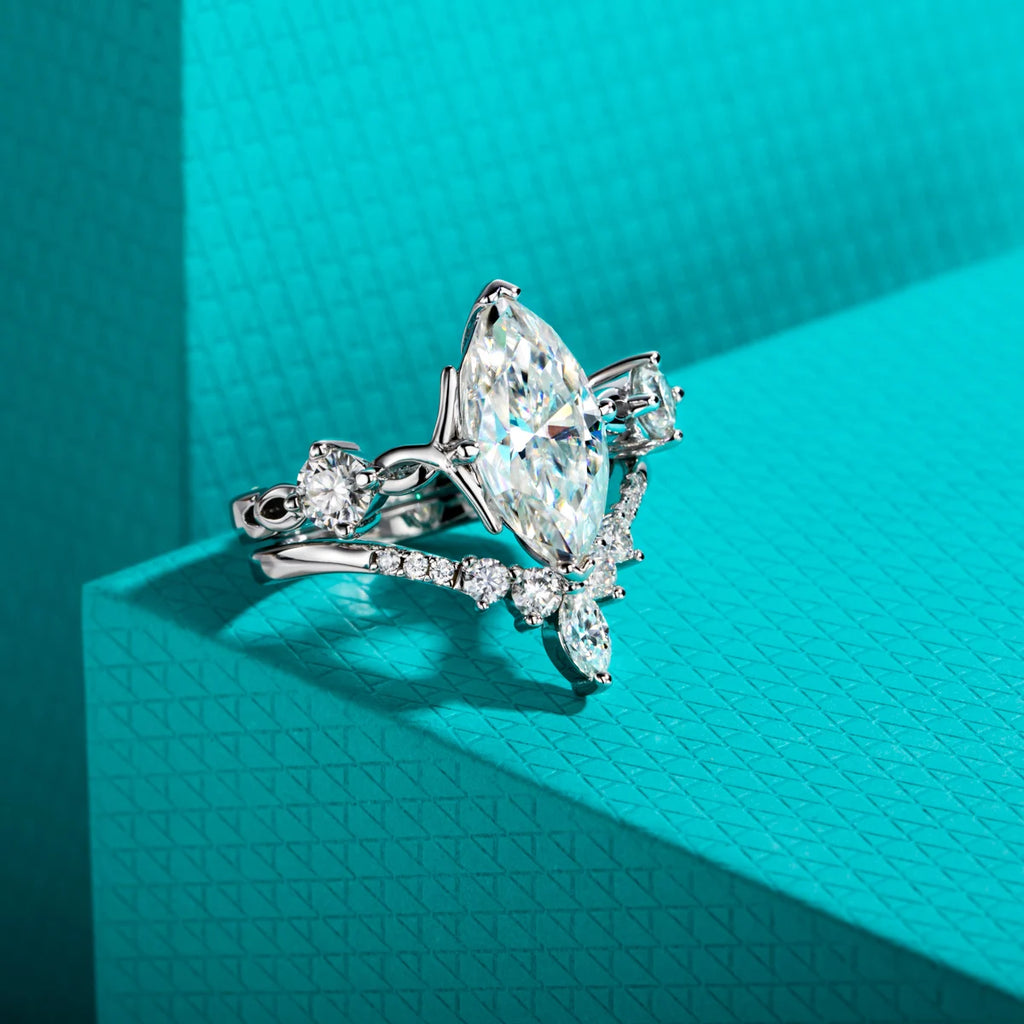 The Rhia Ring — 3ct marquise moissanite crown bridal set, front view — Aurora Moissanite