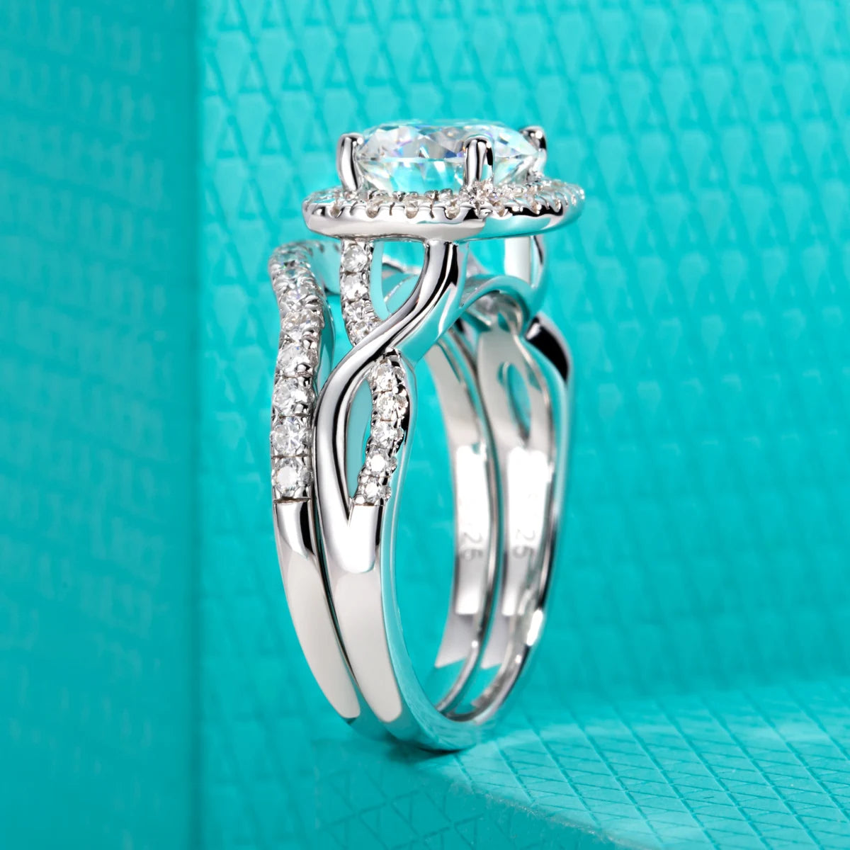 2ct halo moissanite bridal set, side profile, 18K gold plated sterling silver — Aurora Moissanite