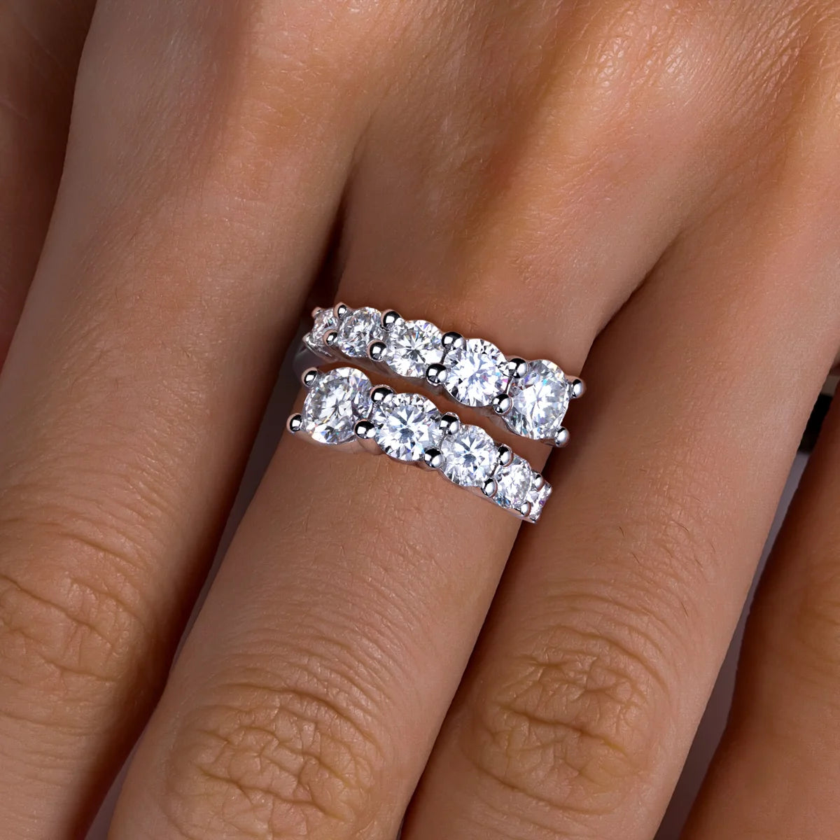 Moissanite fully set engagement band, 4.2cttw, top view showing dense stone setting — Aurora Moissanite