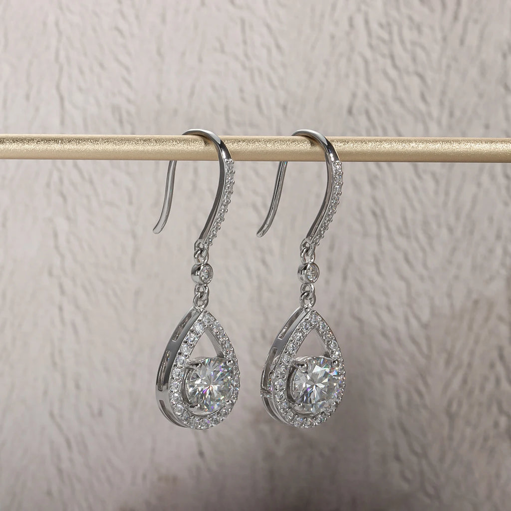 The Mael Earrings — 1ct teardrop moissanite hook drops, front — Aurora Moissanite