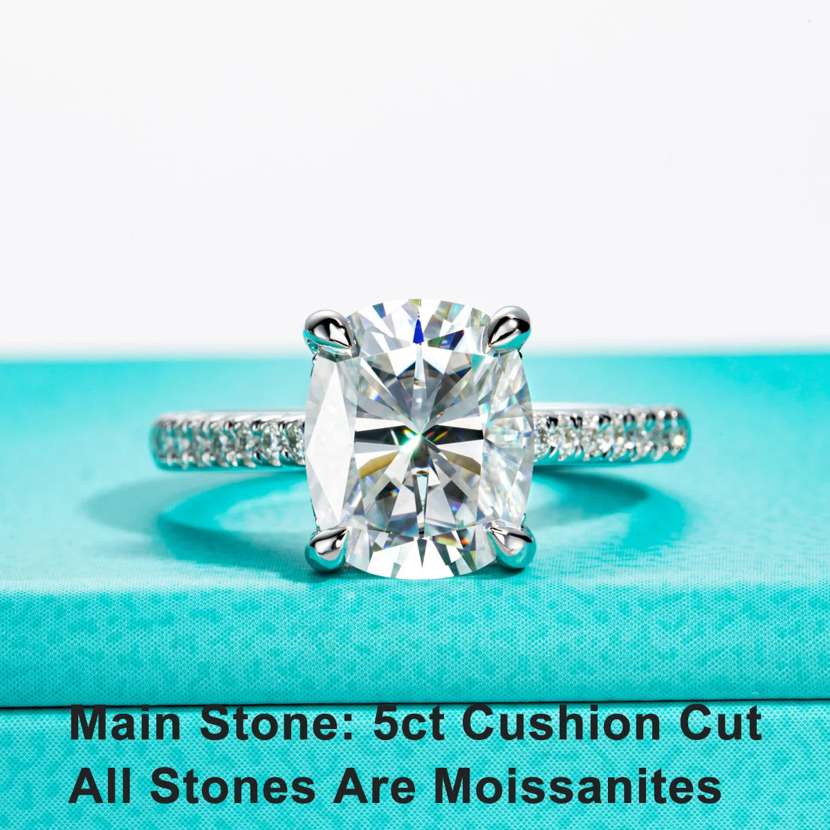 The Tyne Ring worn — 5ct cushion cut moissanite D color solitaire engagement ring — Aurora Moissanite