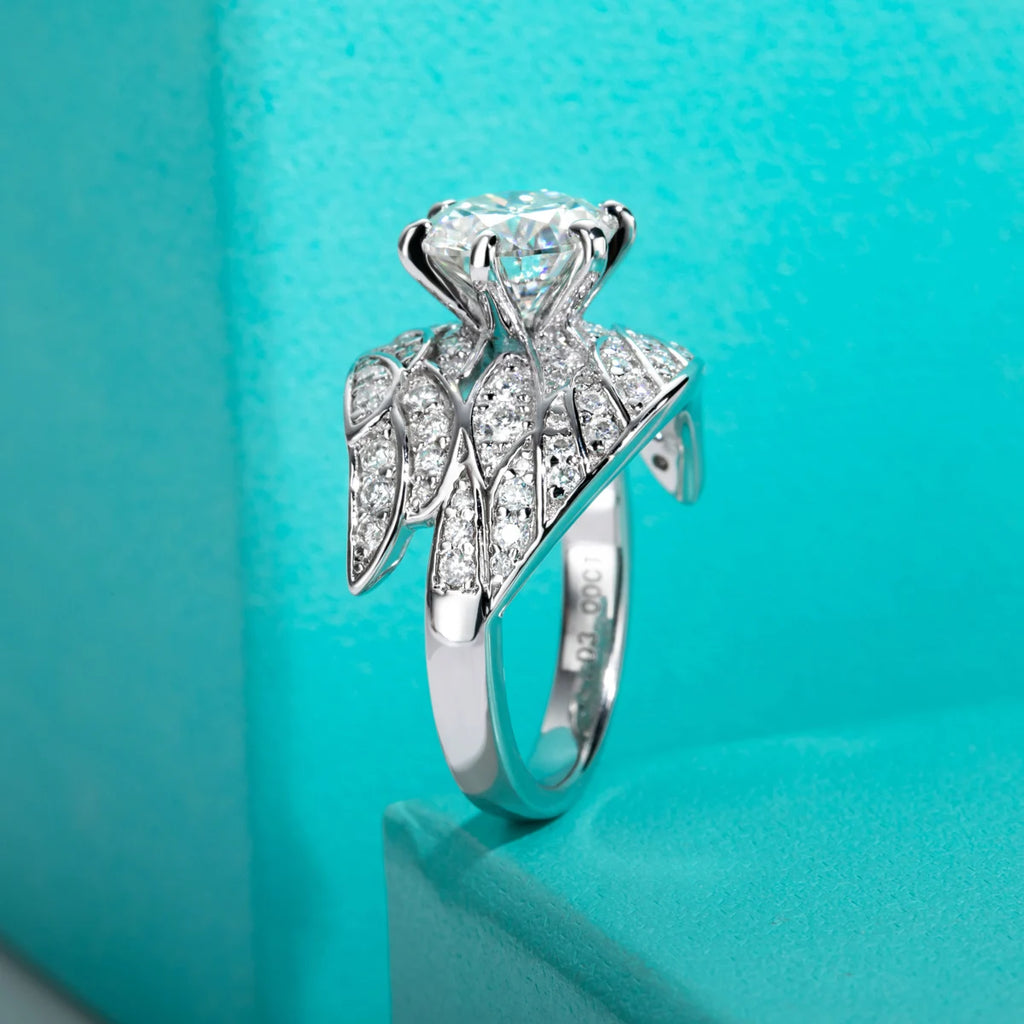 The Veil Ring worn — 4ct moissanite angel wing engagement ring, S925 — Aurora Moissanite