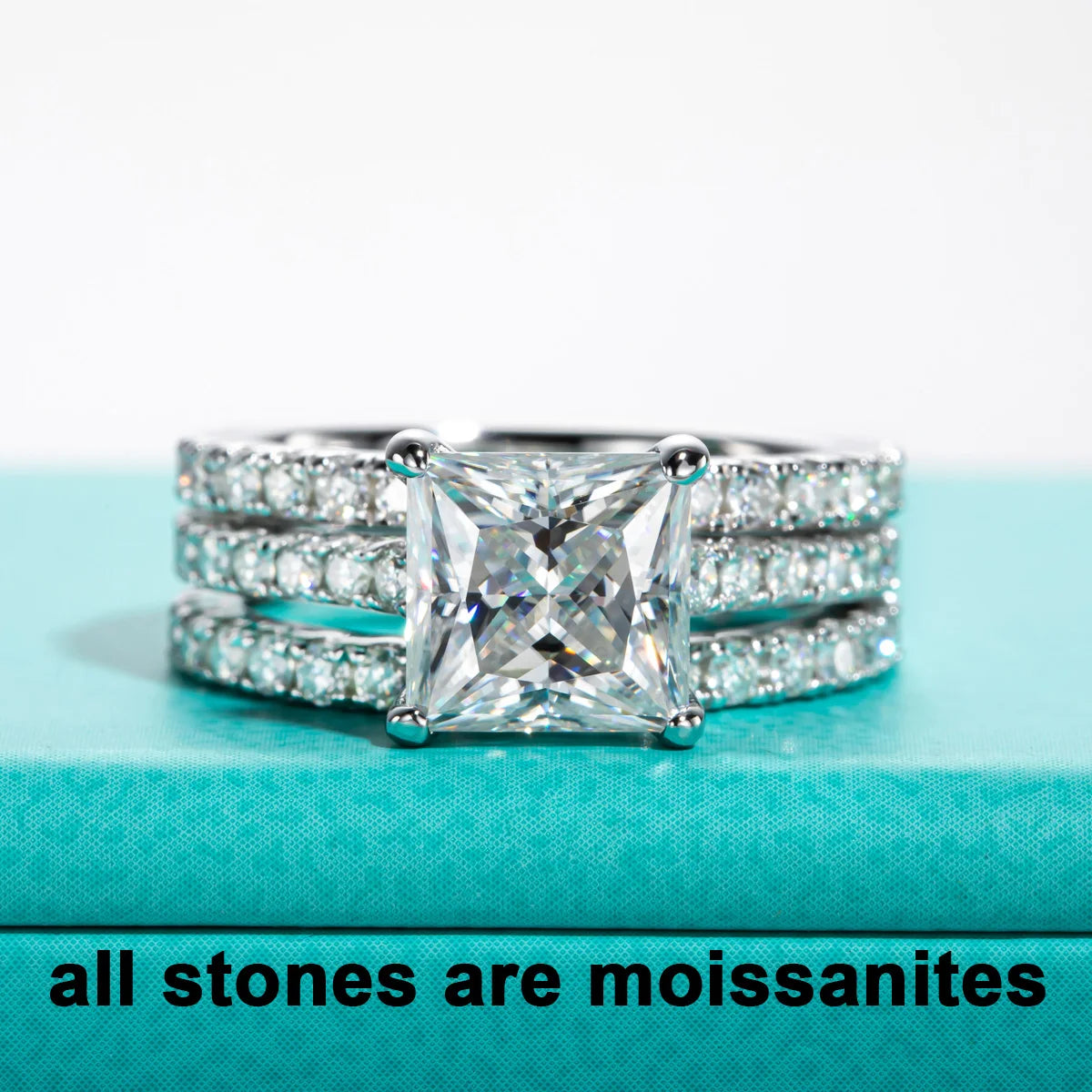 3ct princess moissanite bridal set side profile, S925, up to 3 rings — Aurora Moissanite