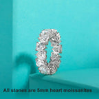 The Bloom Band worn — 5mm heart cut moissanite eternity band, 18K white gold — Aurora Moissanite