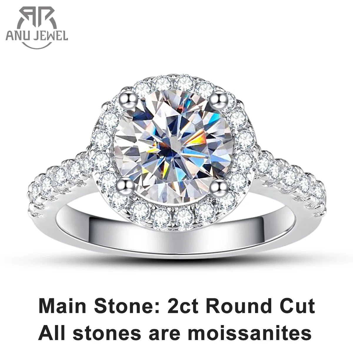 2ct round moissanite halo ring, 18K white gold plated S925 — Aurora Moissanite