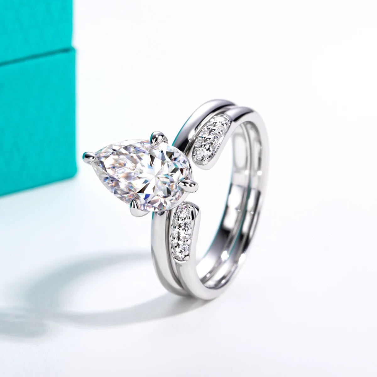 Pear moissanite 3ct D color VVS1 bridal set, engagement ring and adjustable band — Aurora Moissanite