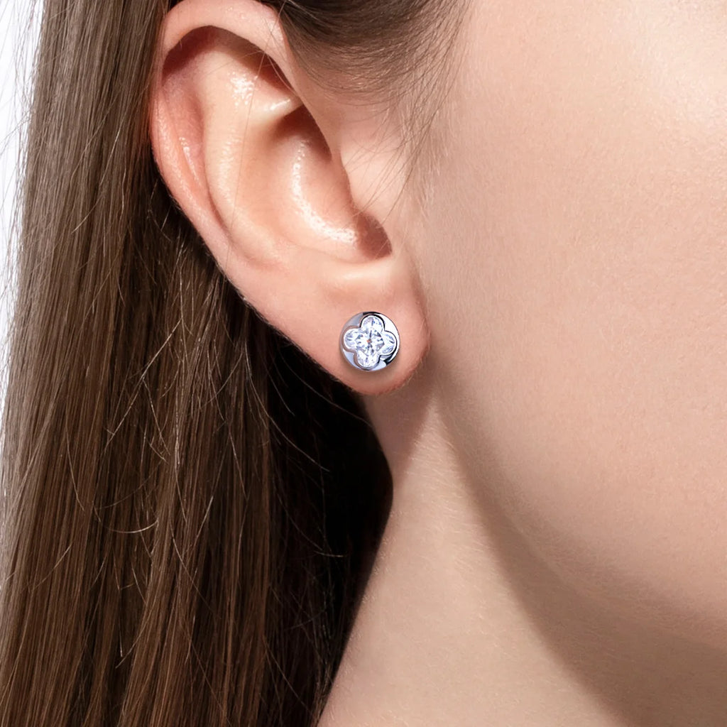 The Fere Earrings — 2cttw four-leaf clover moissanite bezel, 18K gold — Aurora Moissanite