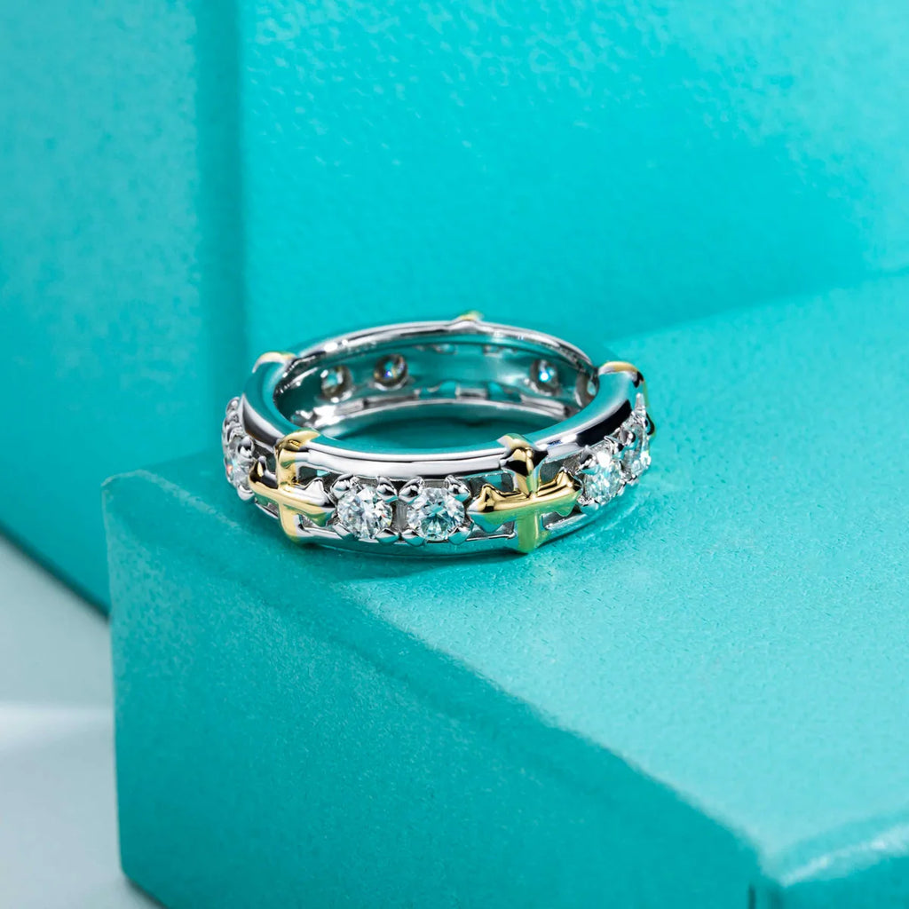 Moissanite cross eternity band showing alternating pattern, sterling silver — Aurora Moissanite