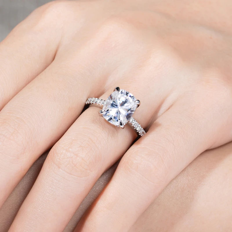 Cushion moissanite solitaire top view, 5ct rounded-square D color stone — Aurora Moissanite