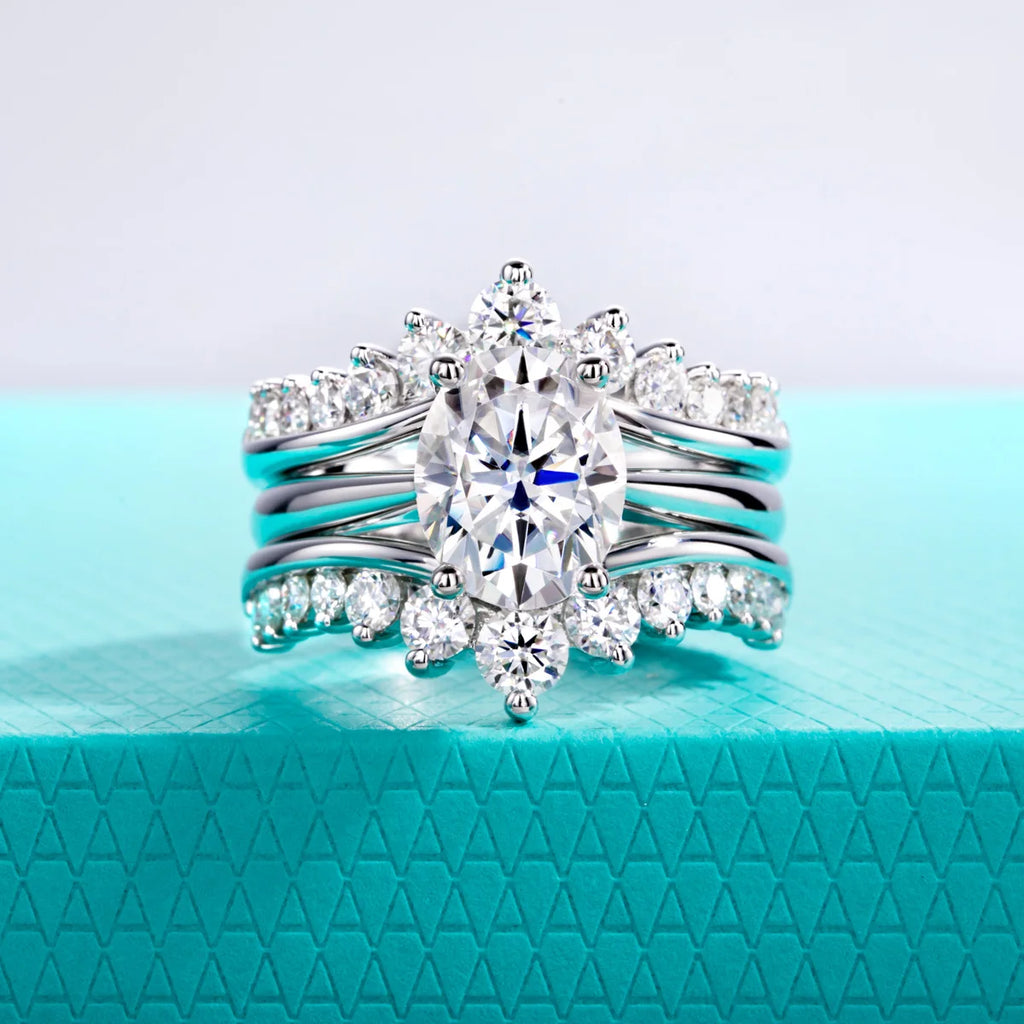 The Neva Ring worn — 3ct oval moissanite bridal set, 18K gold — Aurora Moissanite
