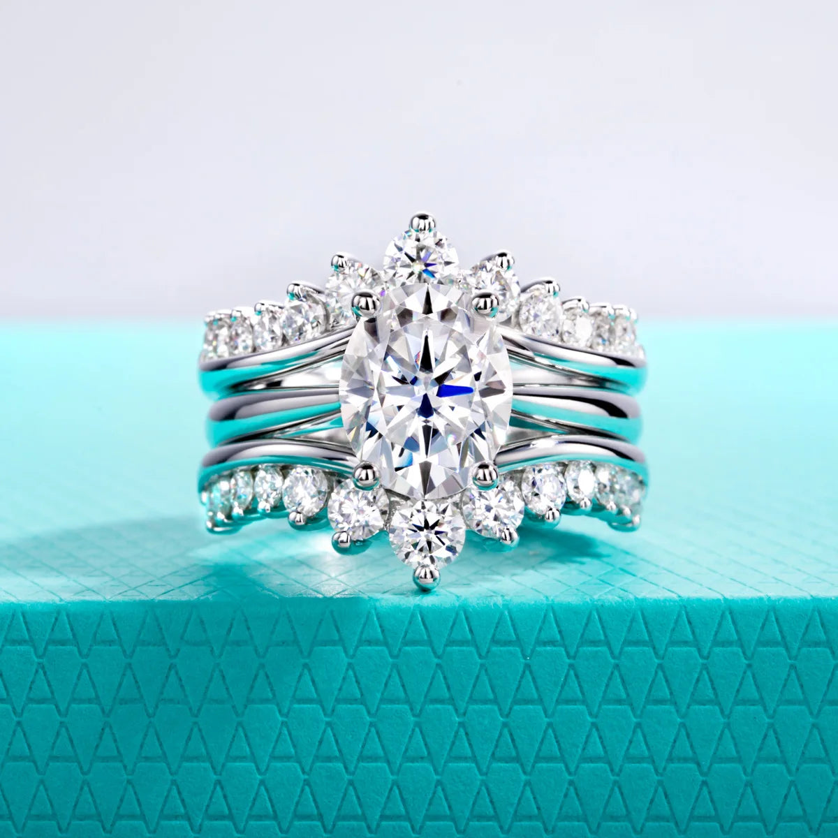 The Neva Ring worn — 3ct oval moissanite bridal set, 18K gold — Aurora Moissanite