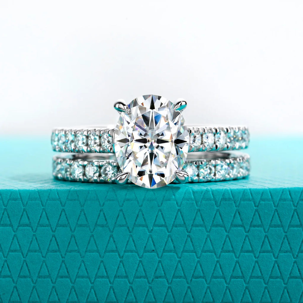 The Dova Ring worn — 3ct oval moissanite bridal set, S925 — Aurora Moissanite