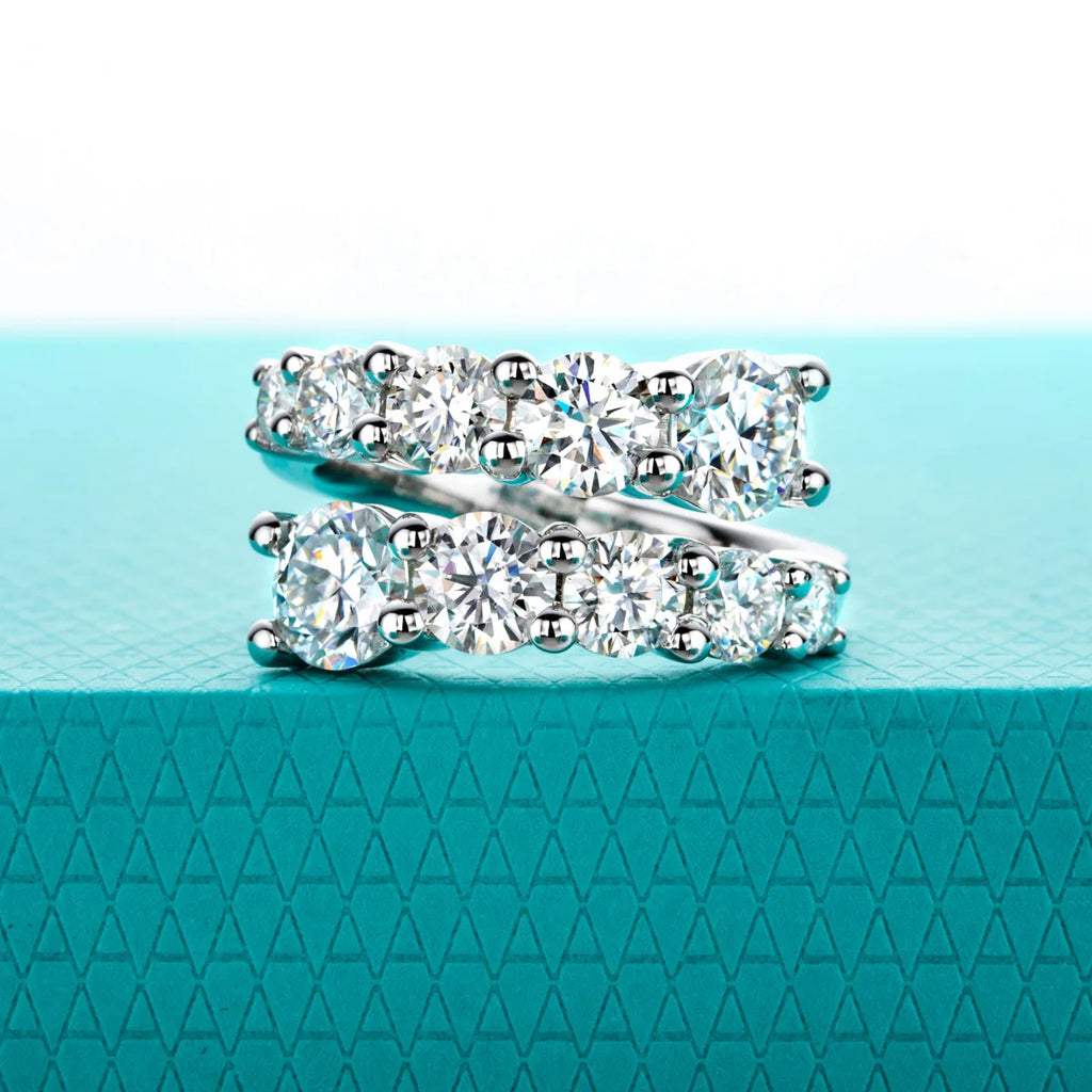 The Helix Band — 4.2ct moissanite wedding band, front view, sterling silver — Aurora Moissanite