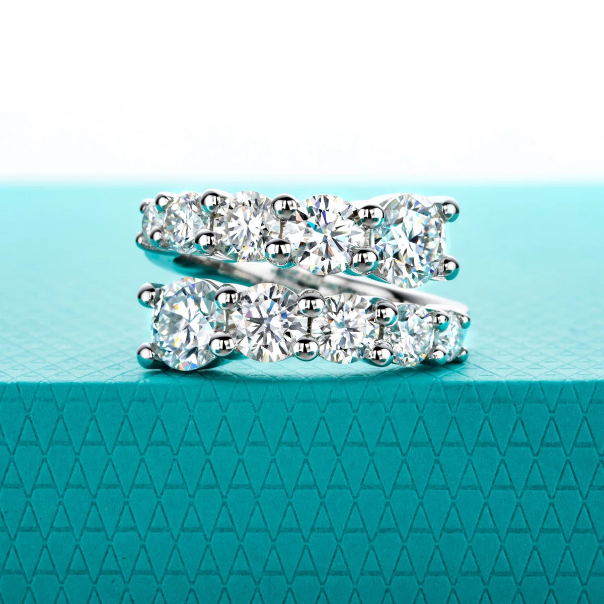 The Helix Band — 4.2ct moissanite wedding band, front view, sterling silver — Aurora Moissanite