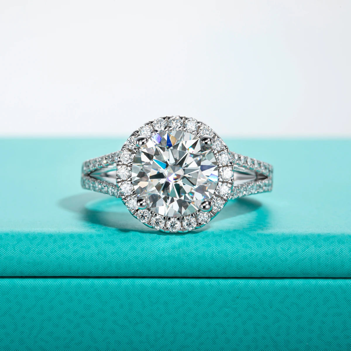 The Ina Ring — 3ct round moissanite halo, front view, 18K gold — Aurora Moissanite