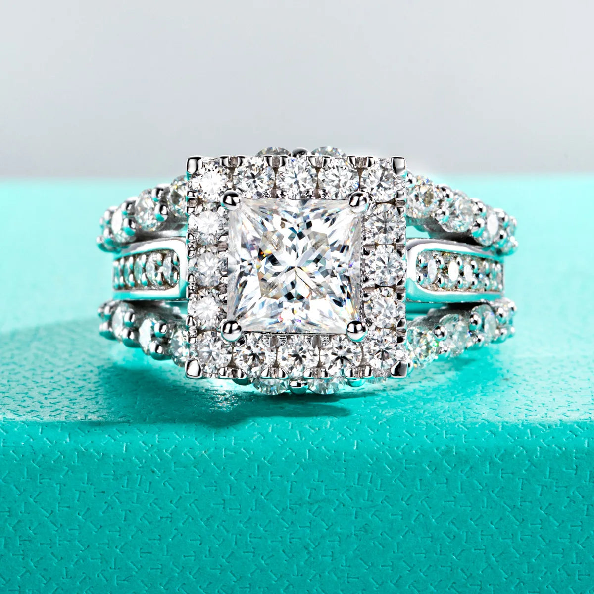The Solaris Ring worn — 3.884cttw princess moissanite engagement ring — Aurora Moissanite