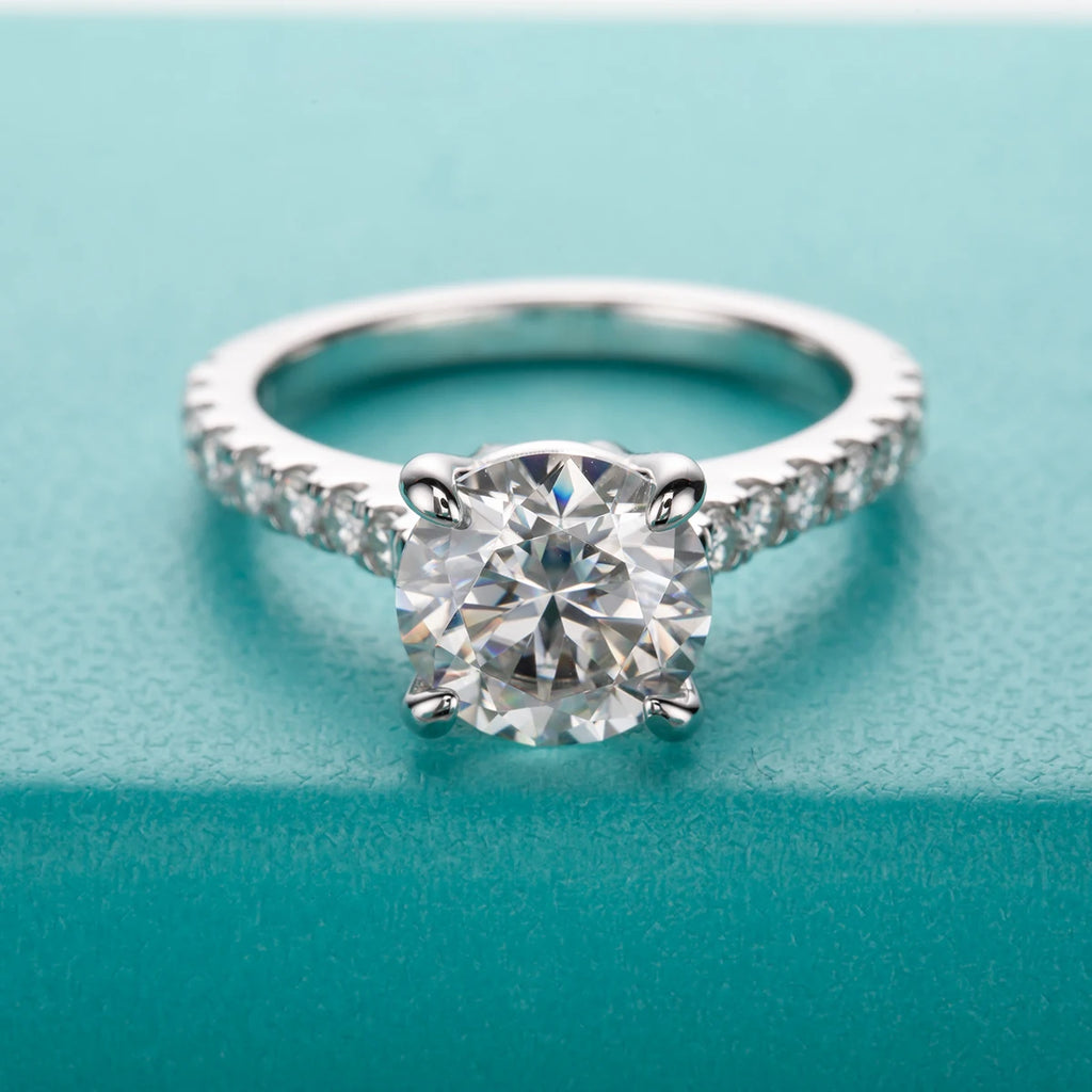 The Reid Ring — 3ct round moissanite gold prong solitaire, front view — Aurora Moissanite