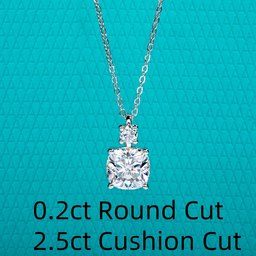The Pillow Pendant worn — 2ct cushion moissanite pendant necklace, S925 silver — Aurora Moissanite