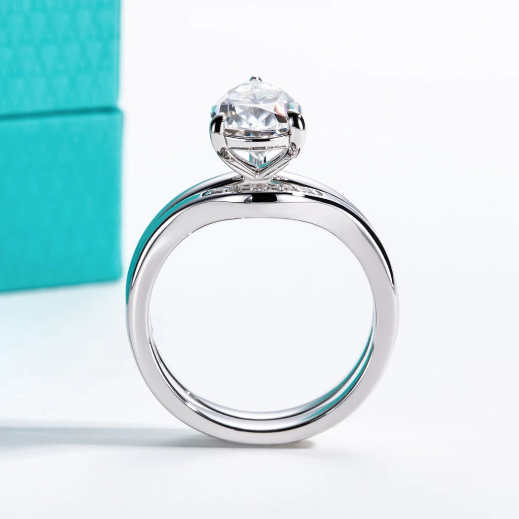 The Triana Ring lifestyle — pear moissanite bridal set worn on finger — Aurora Moissanite