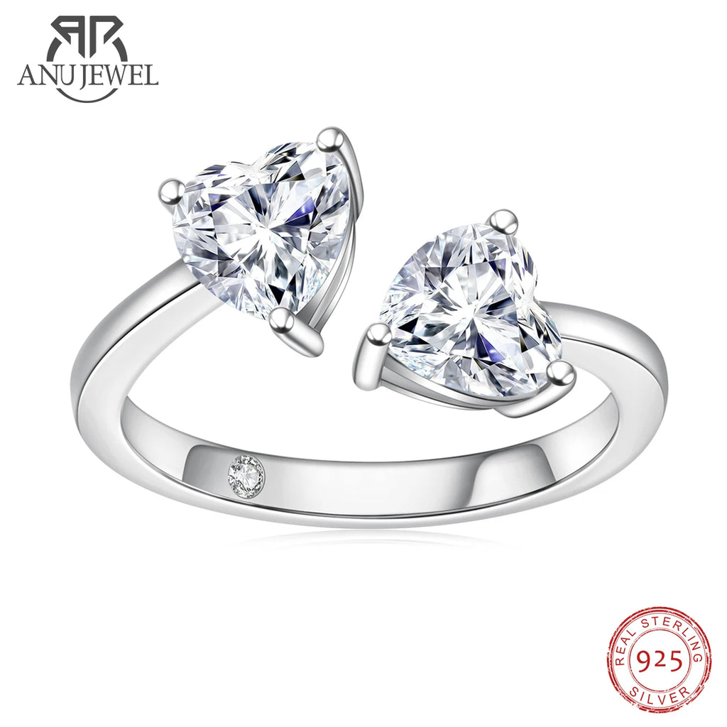2ct heart moissanite two-stone adjustable ring, S925 silver — Aurora Moissanite