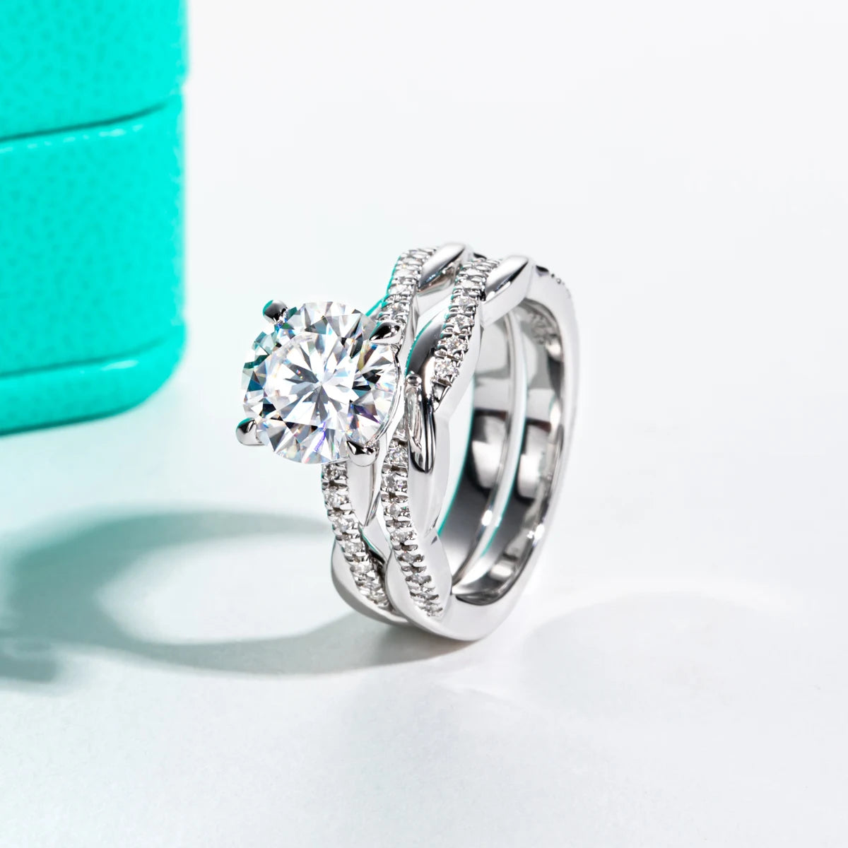 The Ines Ring worn — 3ct round moissanite infinity bridal set, 18K gold — Aurora Moissanite