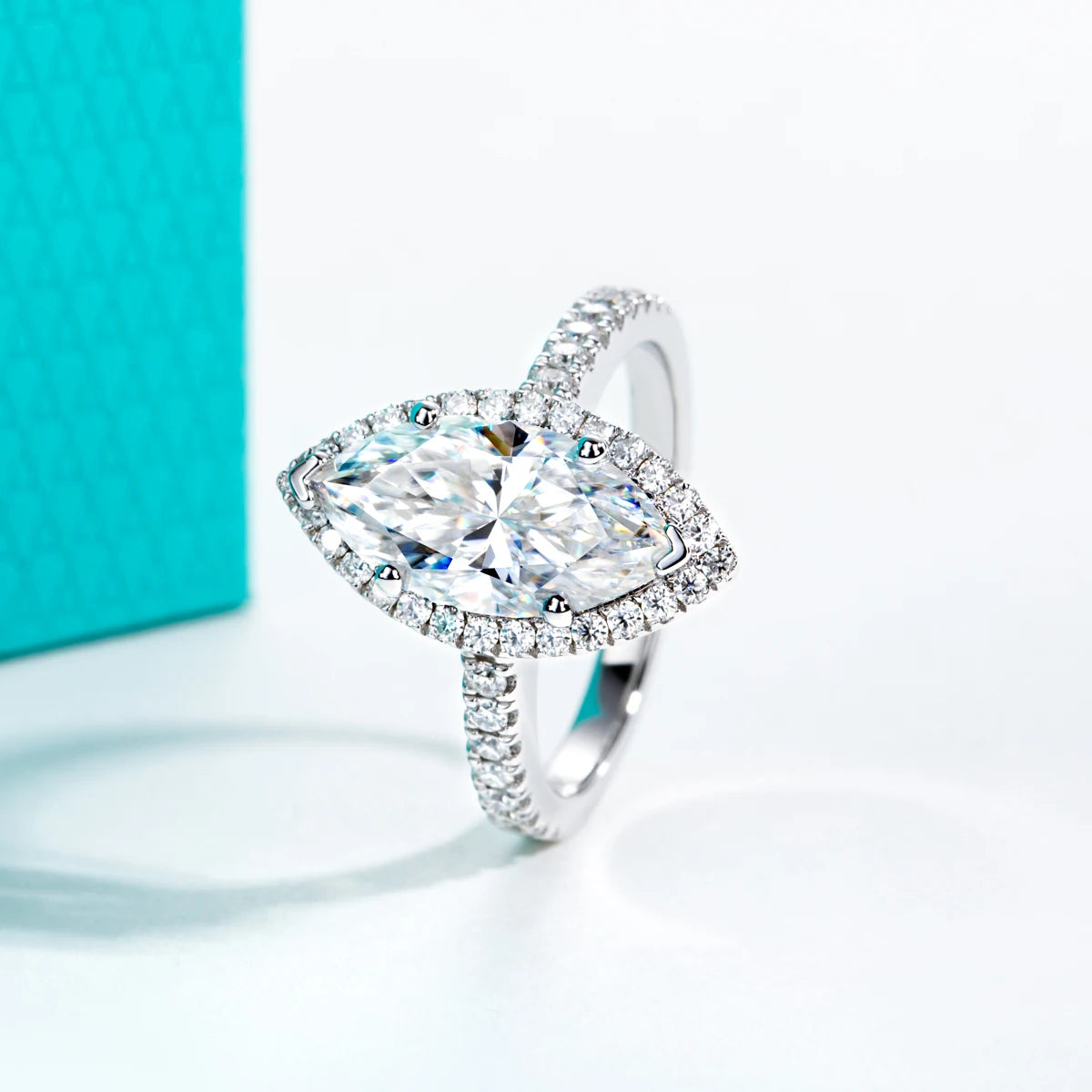 The Cean Ring worn — 3ct marquise moissanite halo, S925 — Aurora Moissanite