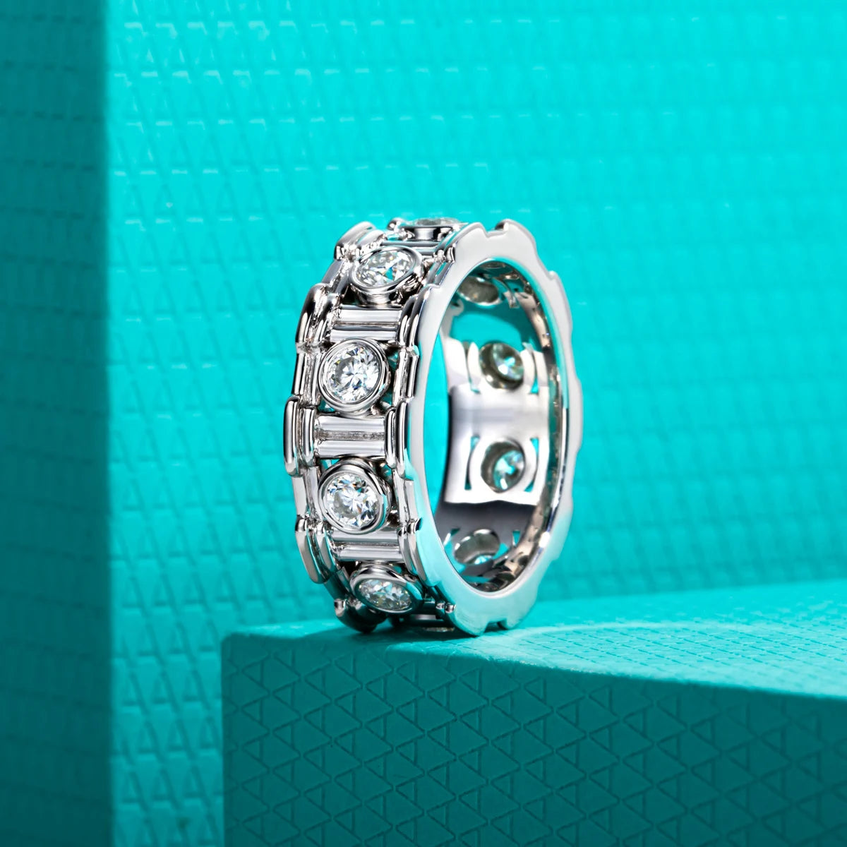 Moissanite eternity band D color VVS1, Roman column architectural design — Aurora Moissanite